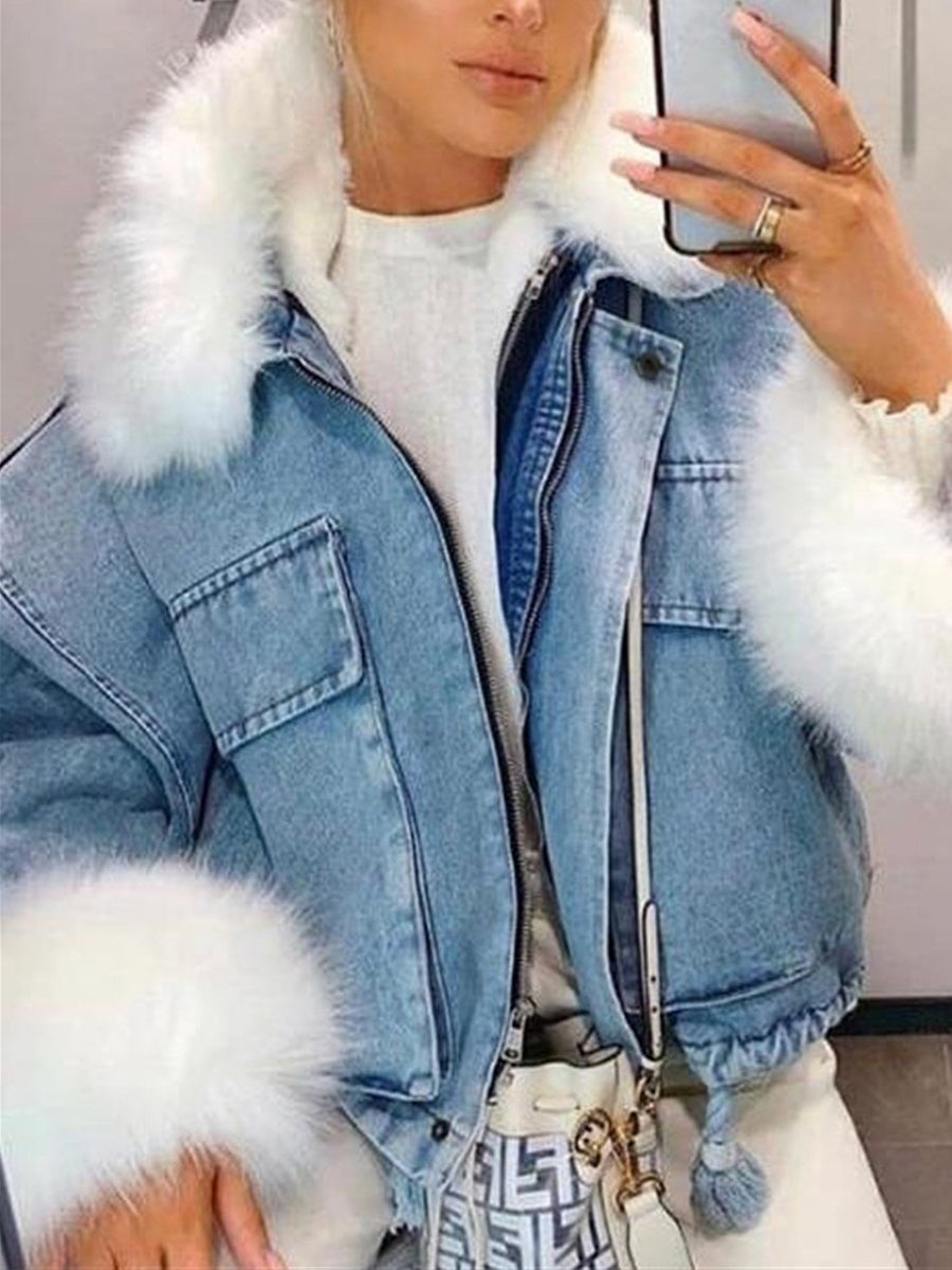 Fashion Light Blue Furry Collar Long Sleeve Zipper Fleece-Lined Denim Coat