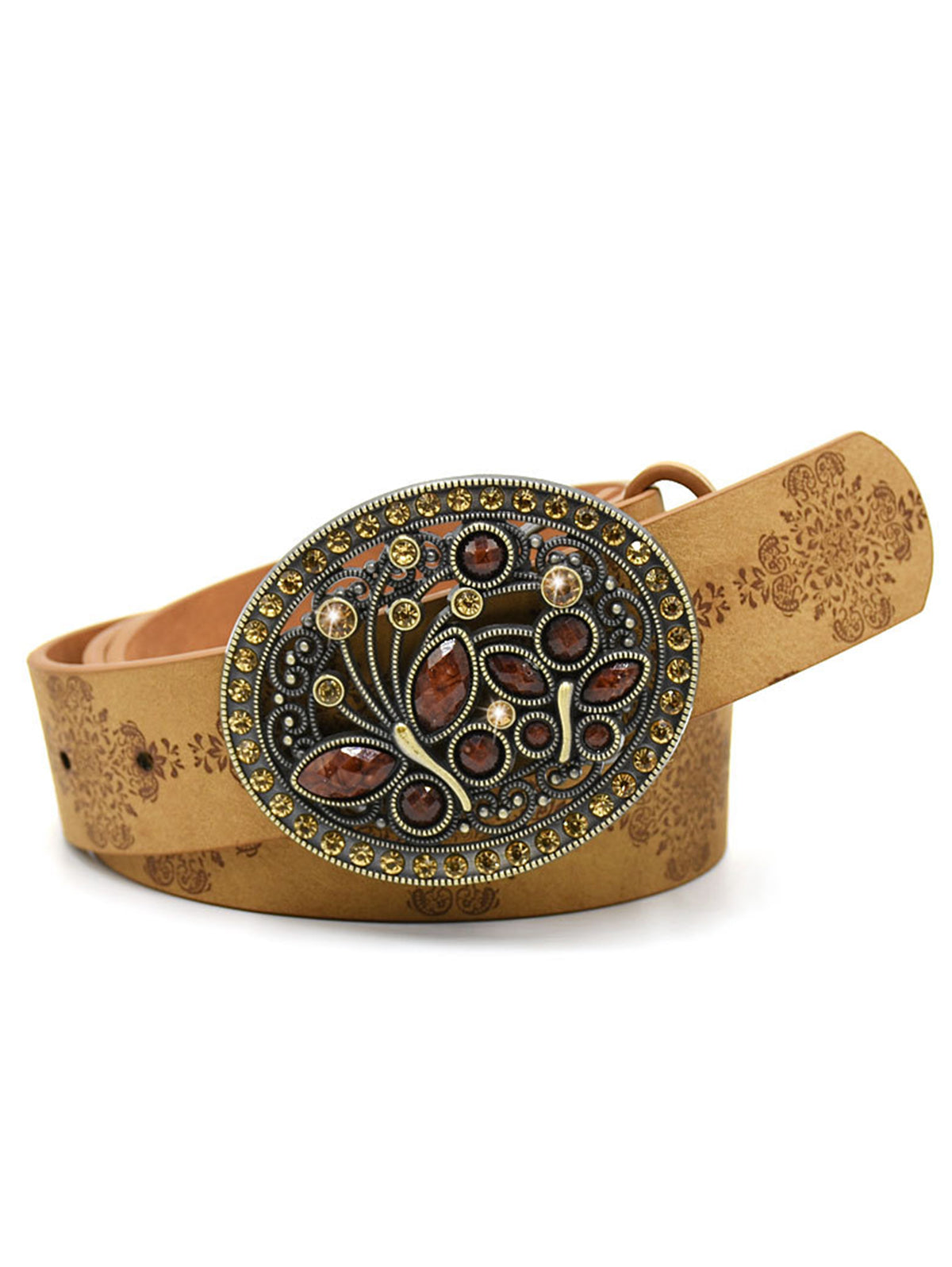 Retro Rhinestone Floral Buckle PU leather Belt