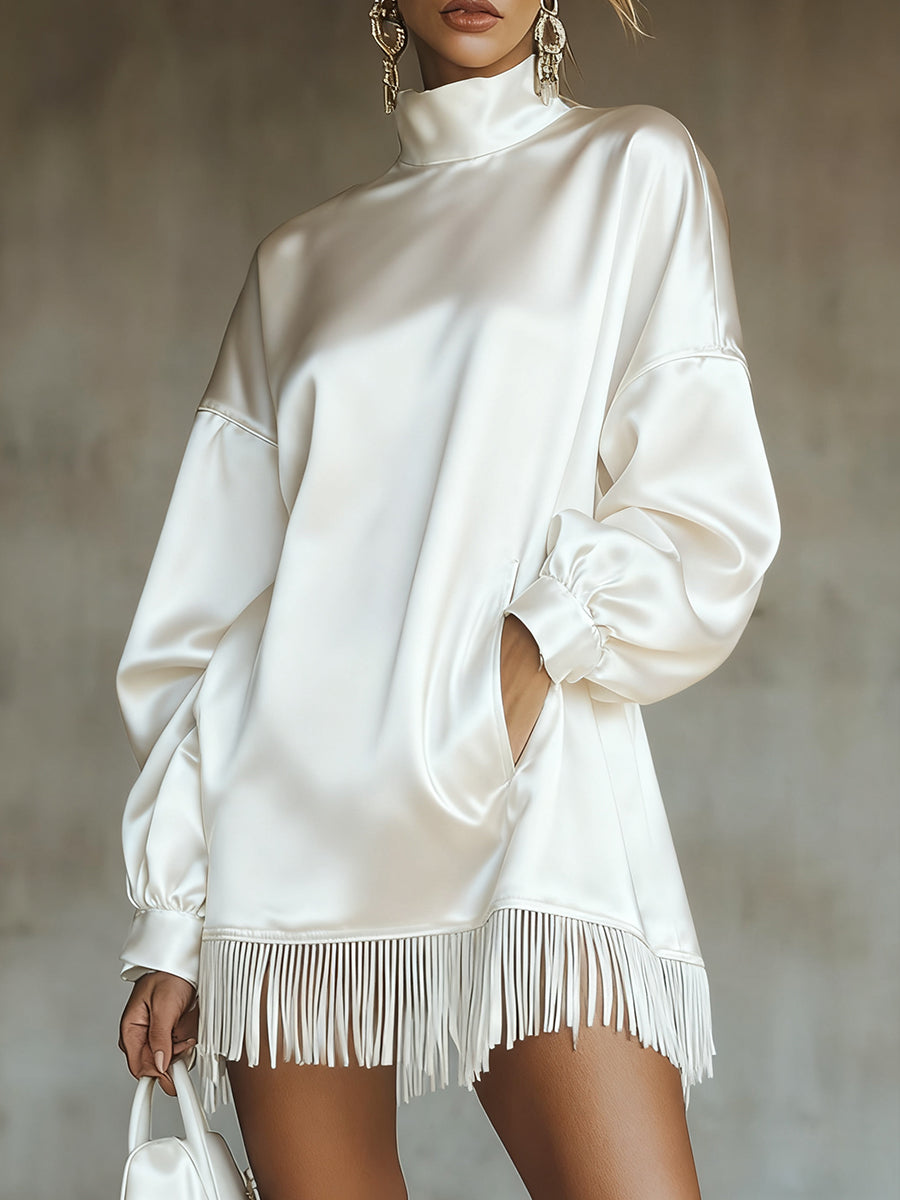 Ursiime Party White High Collar Lantern Sleeve Long Sleeve Strappy Casual Pocket Satin Mini Dresses [Pre-Order]