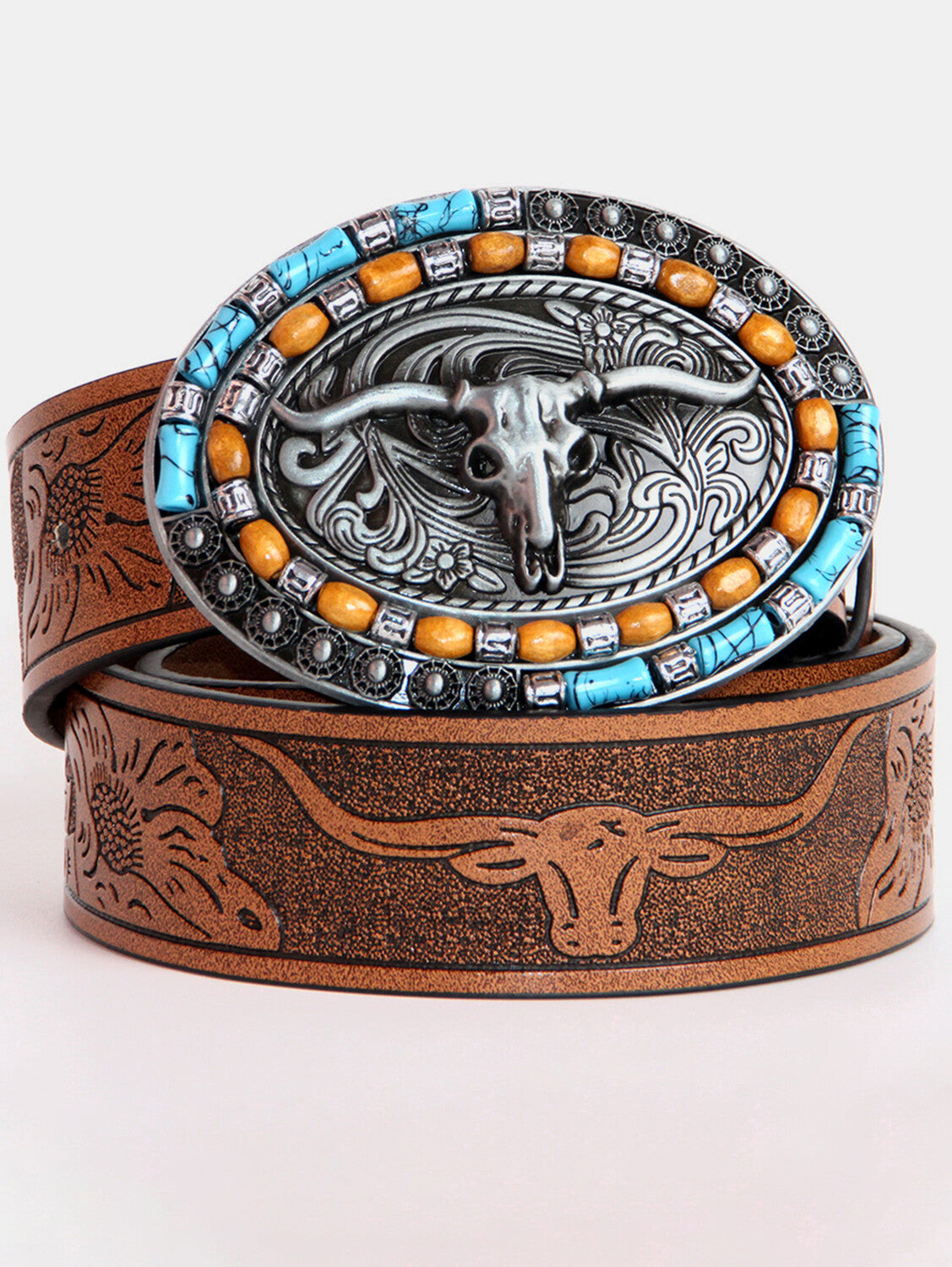 Western PU Leather Metal Bull Head Beaded Embossed Belt