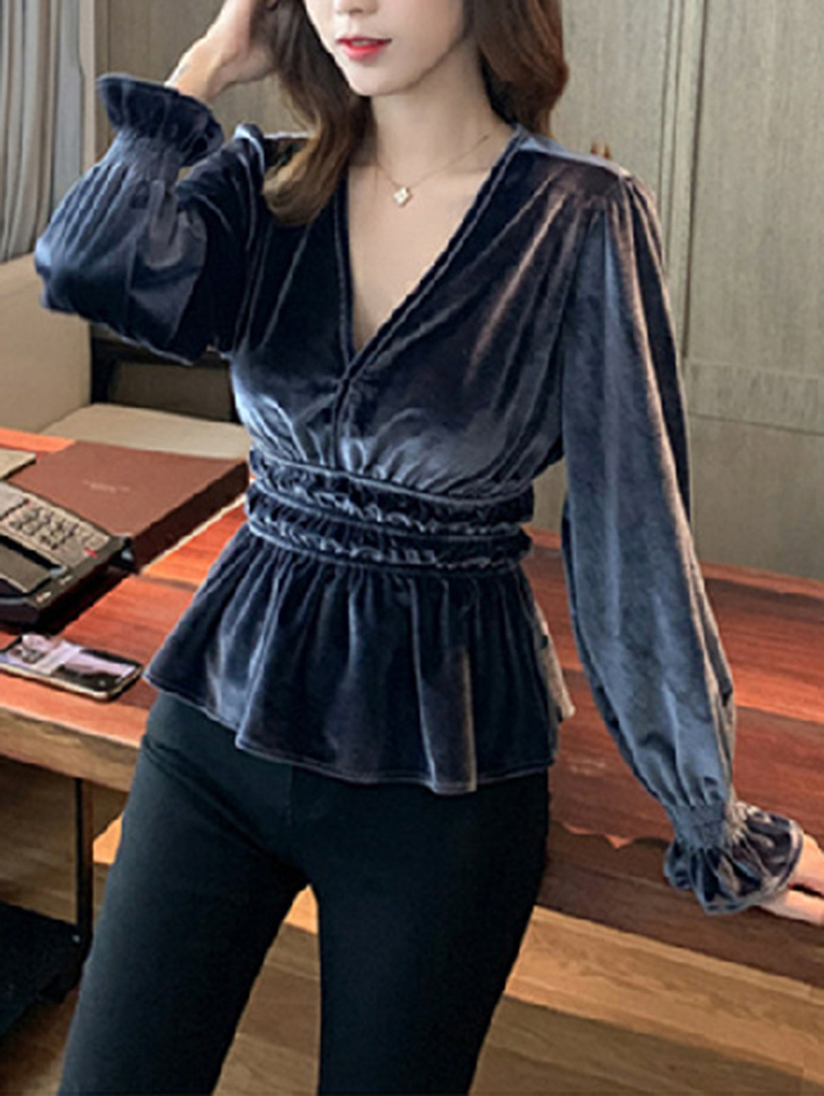 Elegant V Neck Long Sleeve Ruffle Peplum Velvet Blouse