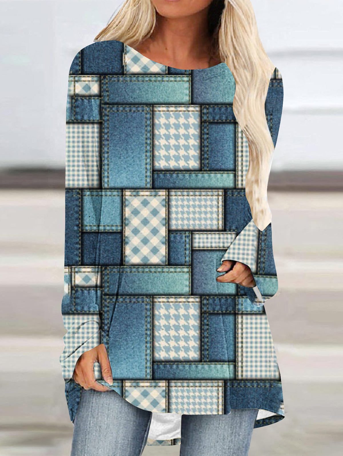 Crew Neck Long Sleeve Denim Pattern Mid-length Blouse