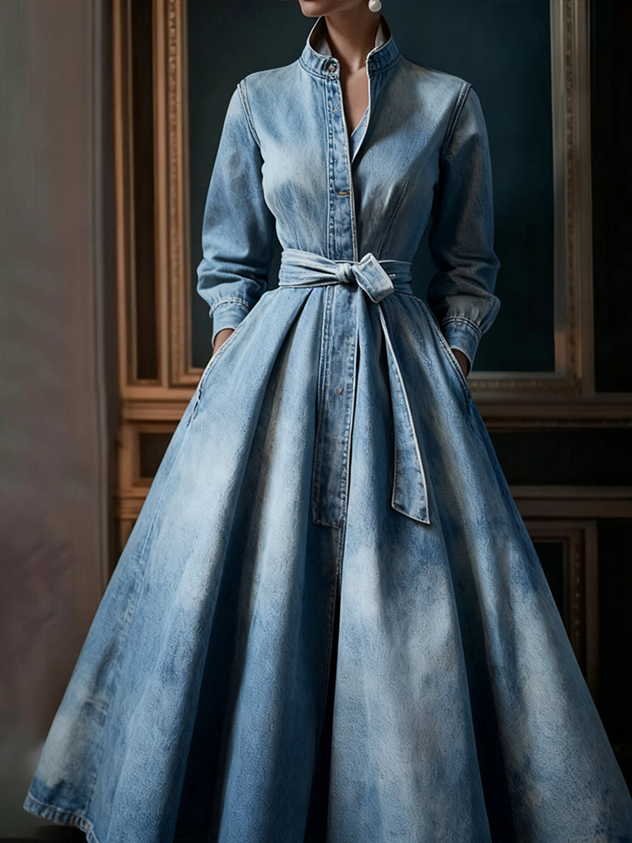 Ursiime Light Blue Denim Stand Collar Long Sleeve Pocket Pleated Belt Maxi Dress