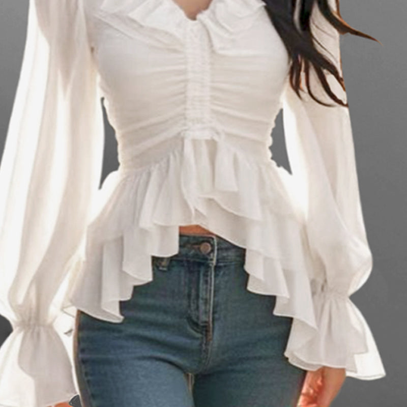 Elegant Ruffle V Neck Lantern Sleeve Layered Blouse