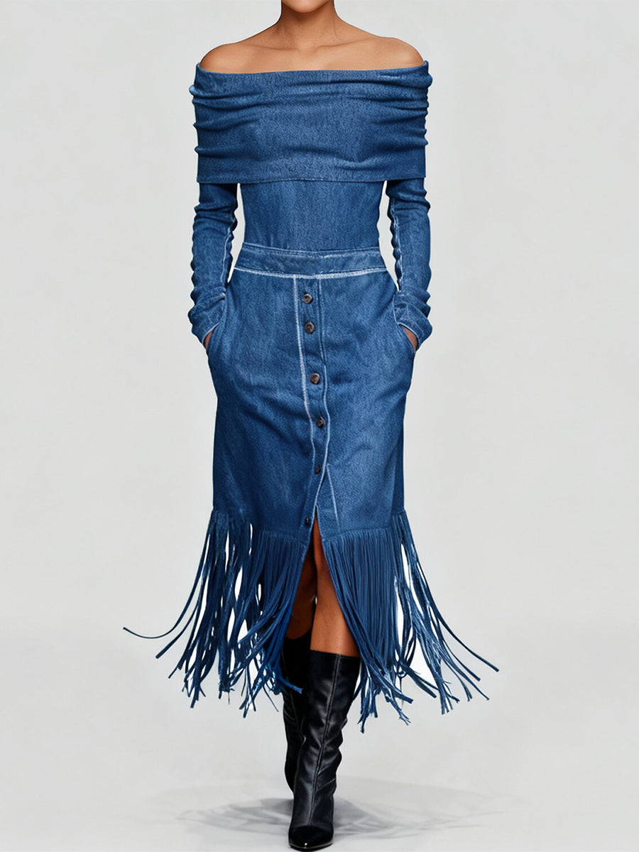 Ursiime Festival Blue Off The Shoulder Long Sleeve Strappy Western Pocket Tencel Denim Midi Dresses [Pre-Order]