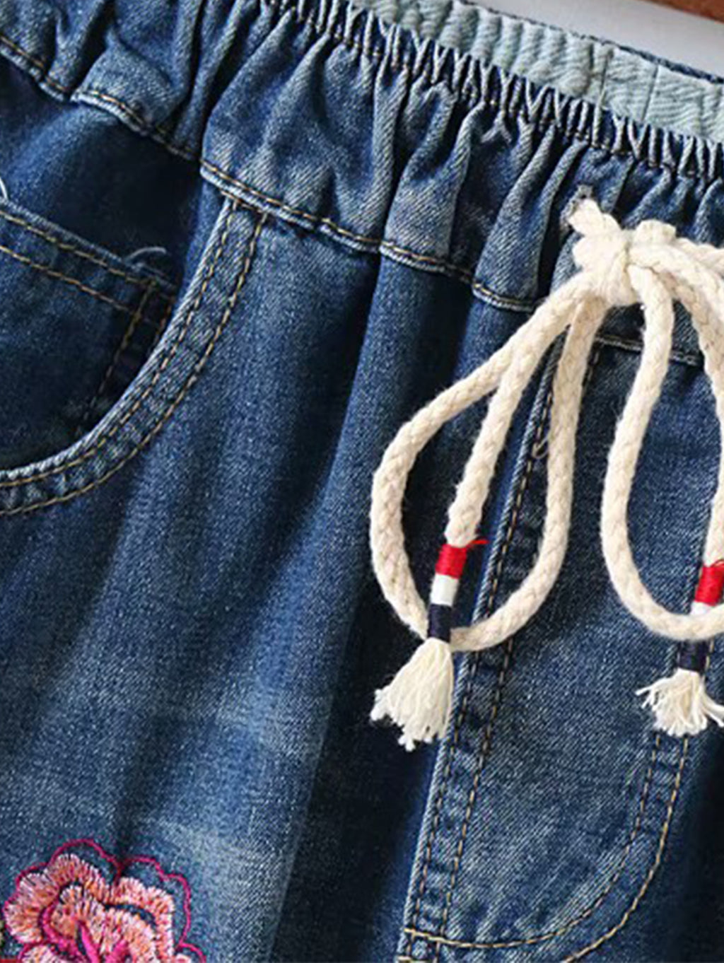 Denim Floral Embroidery Drawstring Pocket Ripped Jeans