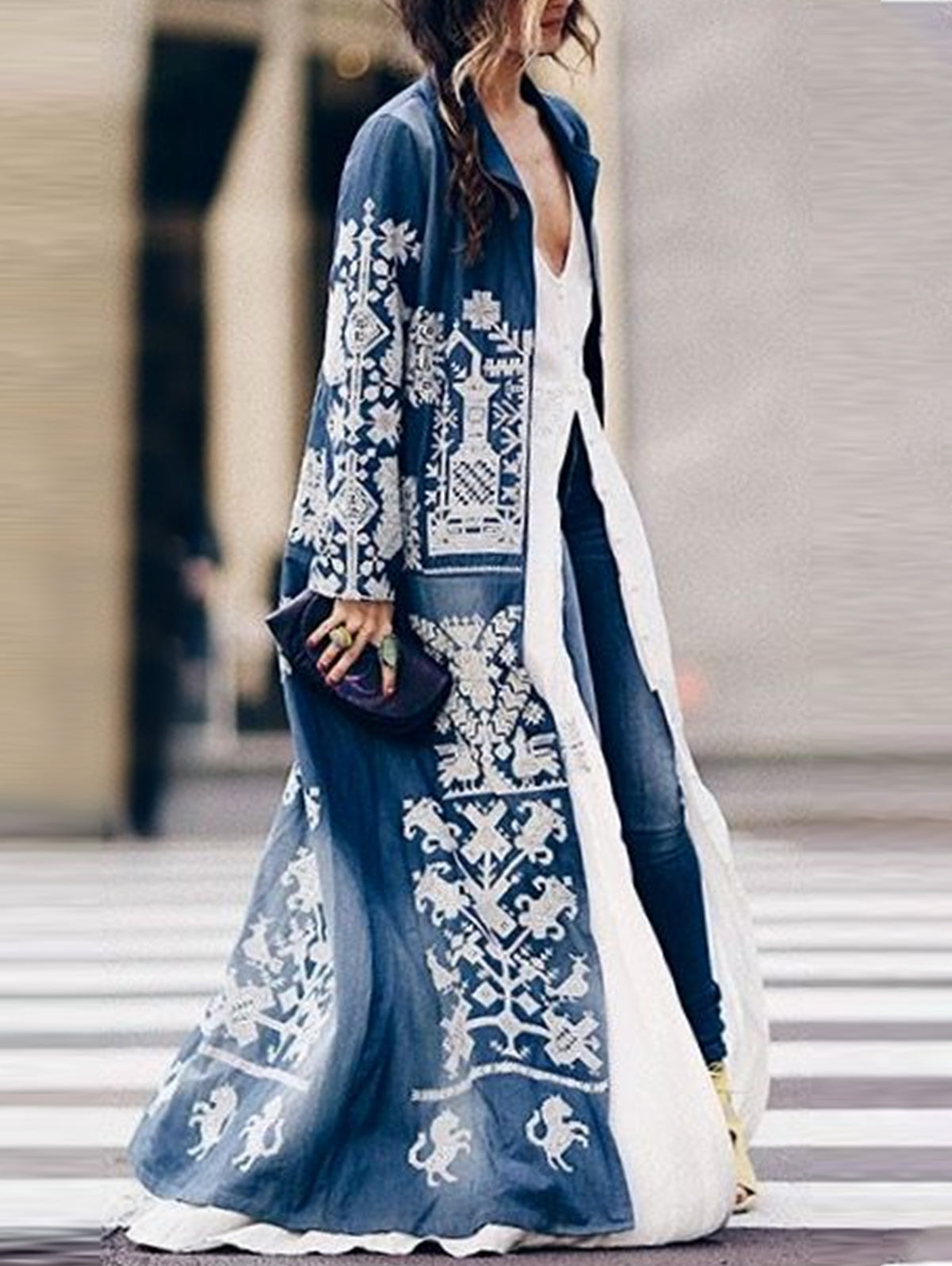 Fashionable Ethnic Lapel Collar Long Sleeve Coat