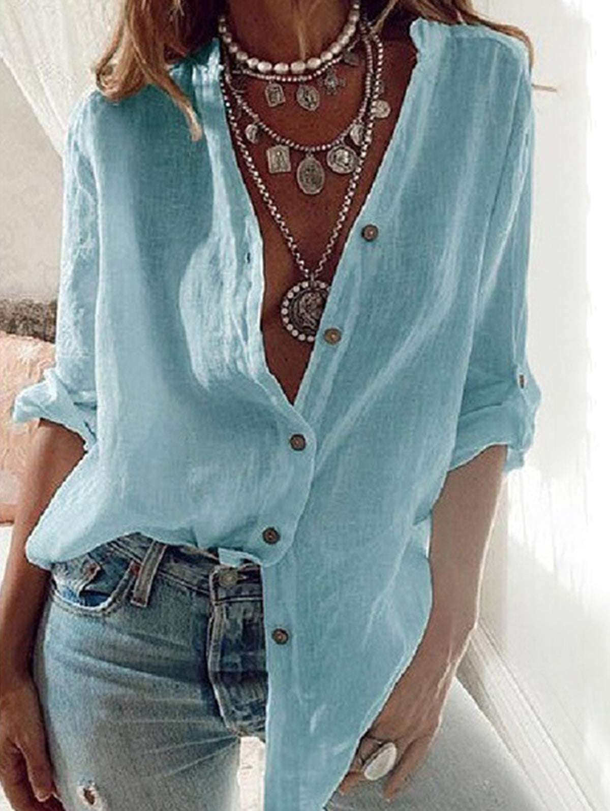 Casual Plain Long Sleeve Button Down Loose Blouse