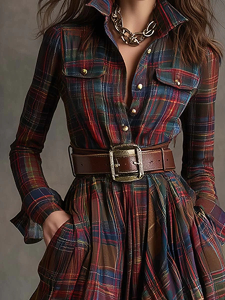 Casual Long Sleeve Button Pocket Plaid Print Shirt Maxi Dress
