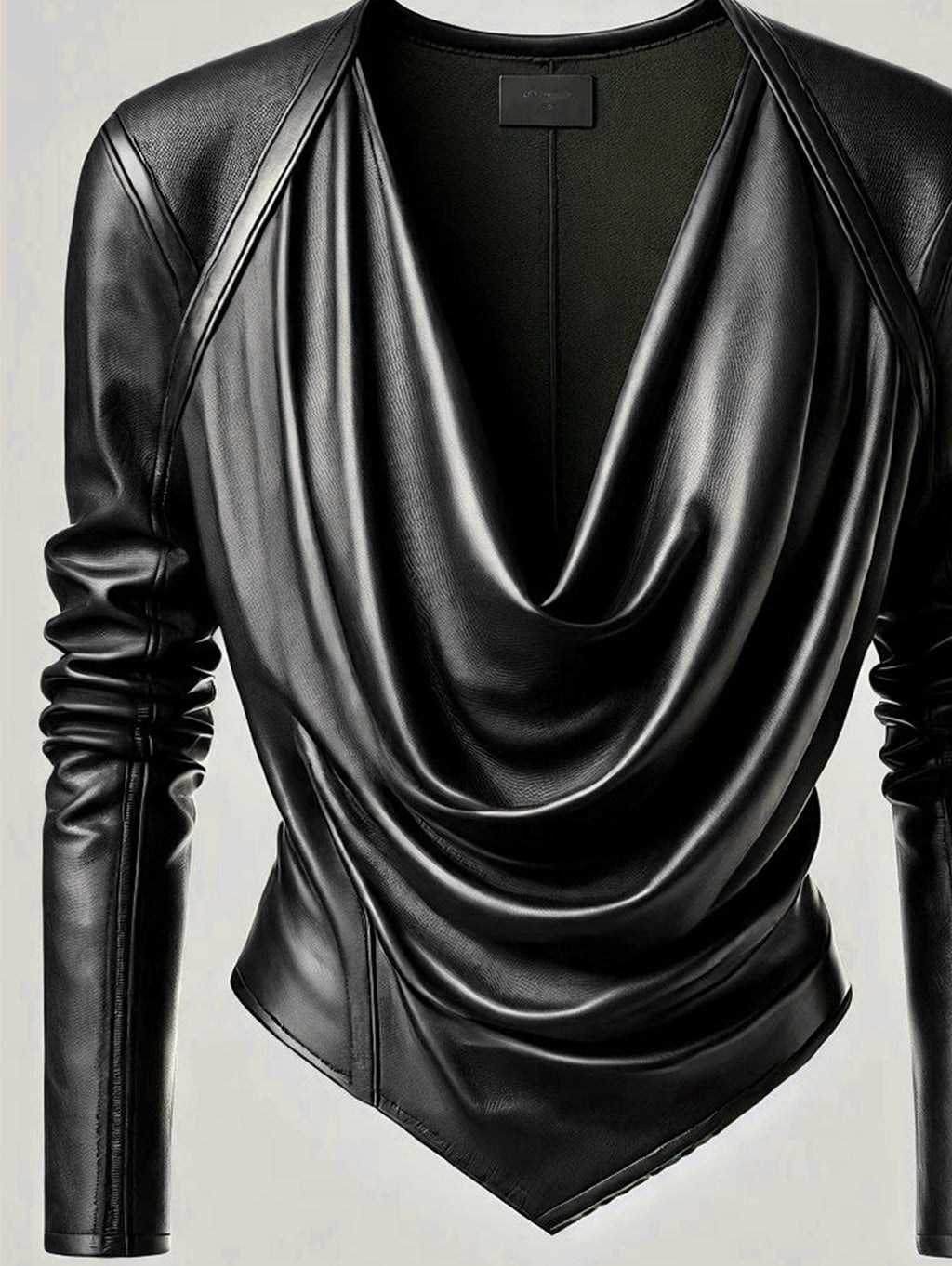 Ursiime Cowl V Neck PU Leather Long Sleeve Blouse