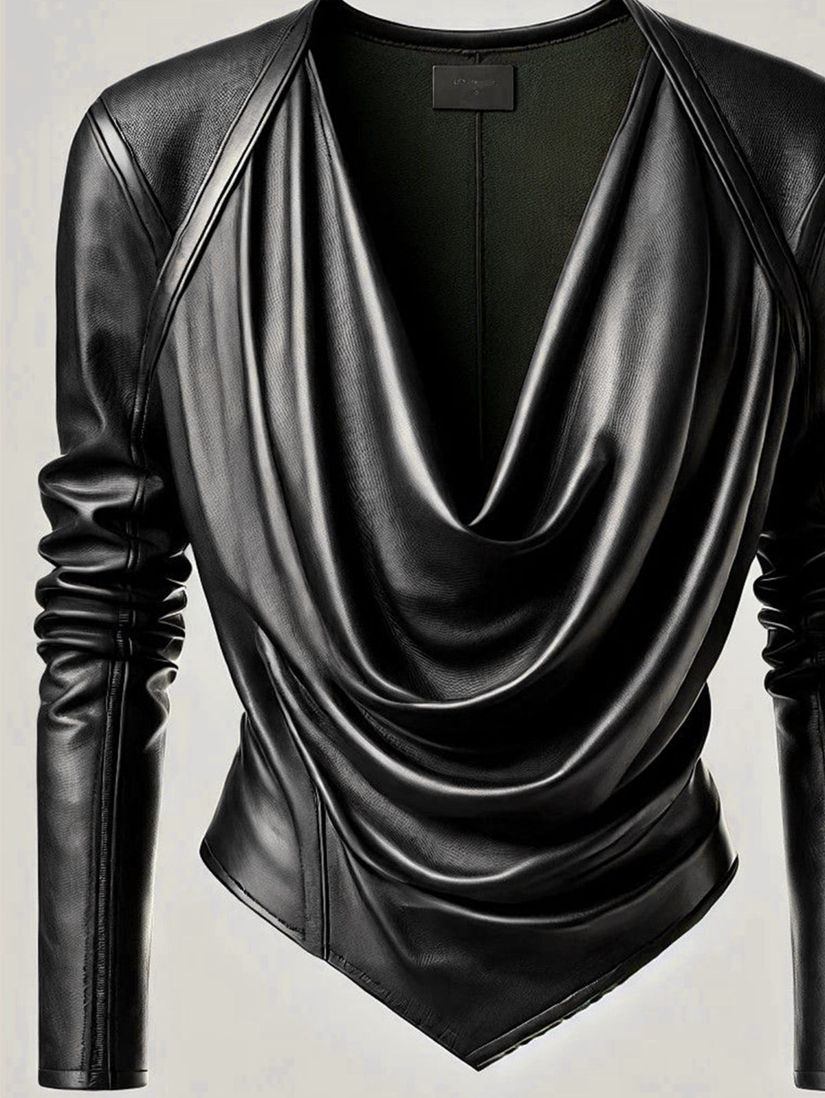 Ursiime Cowl V Neck PU Leather Long Sleeve Blouse