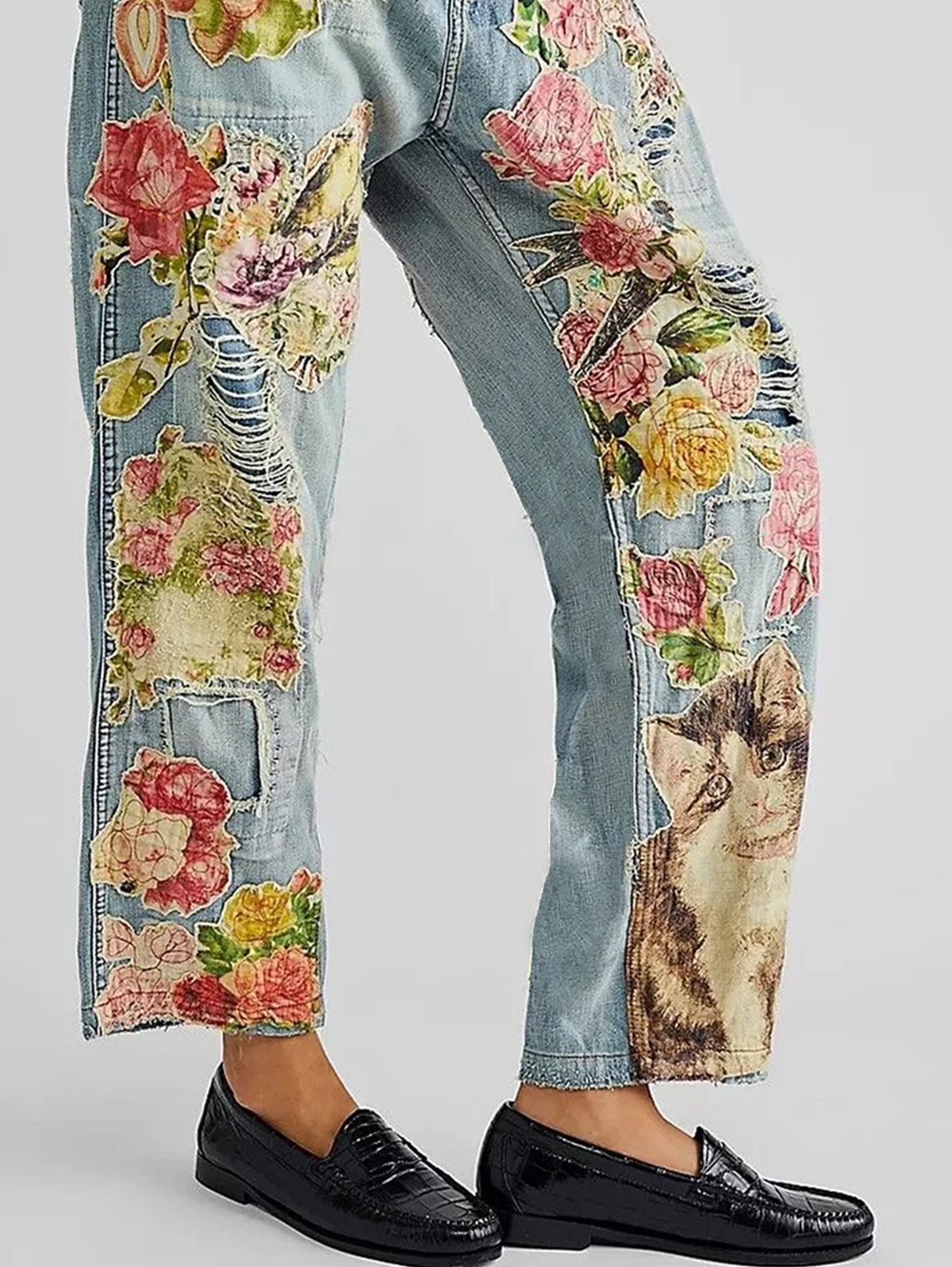 Elegant Floral Cat Ripped Denim Straight Leg Jeans