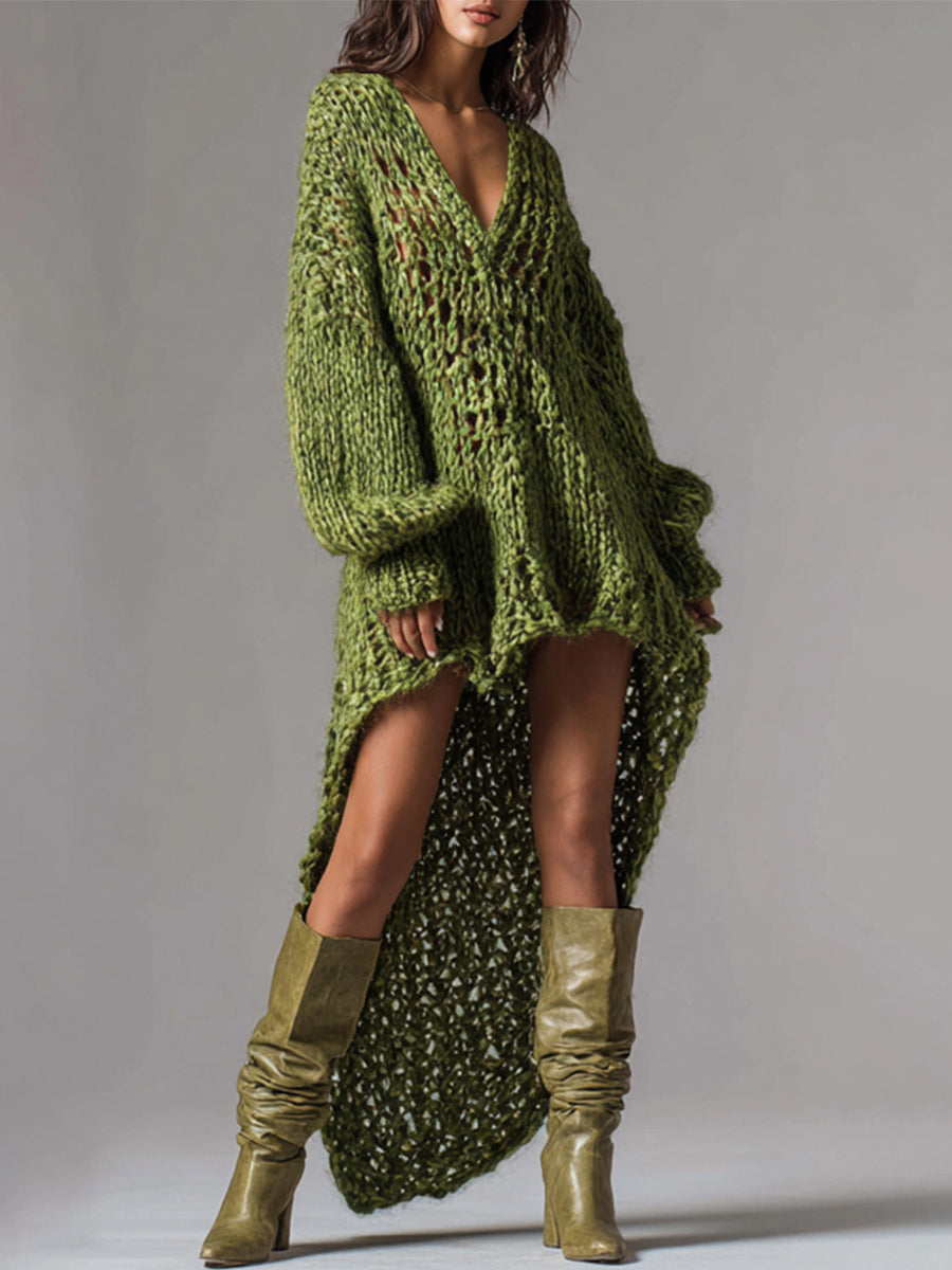 Ursiime Party Army Green V Neck Long Sleeve Asymmetric Hem Western Rib Knit Mini Dresses [Pre-Order]