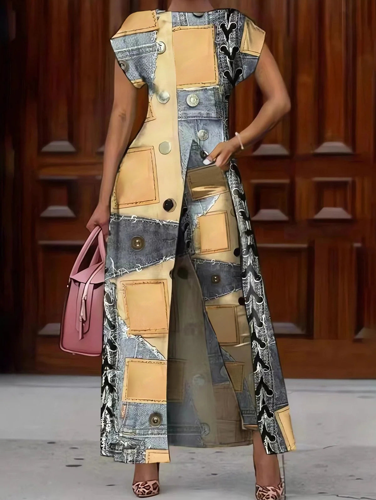 Ursime Vintage Short Sleeve Allover Pattern Split Long Blouse