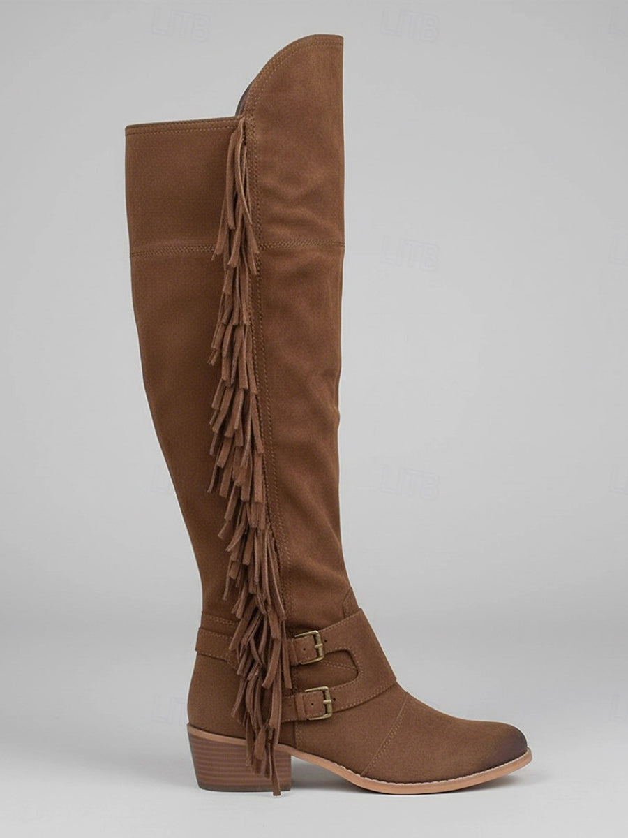 Western Brown Suede Double Buckle Straps Fringe Over-The-Knee Boots