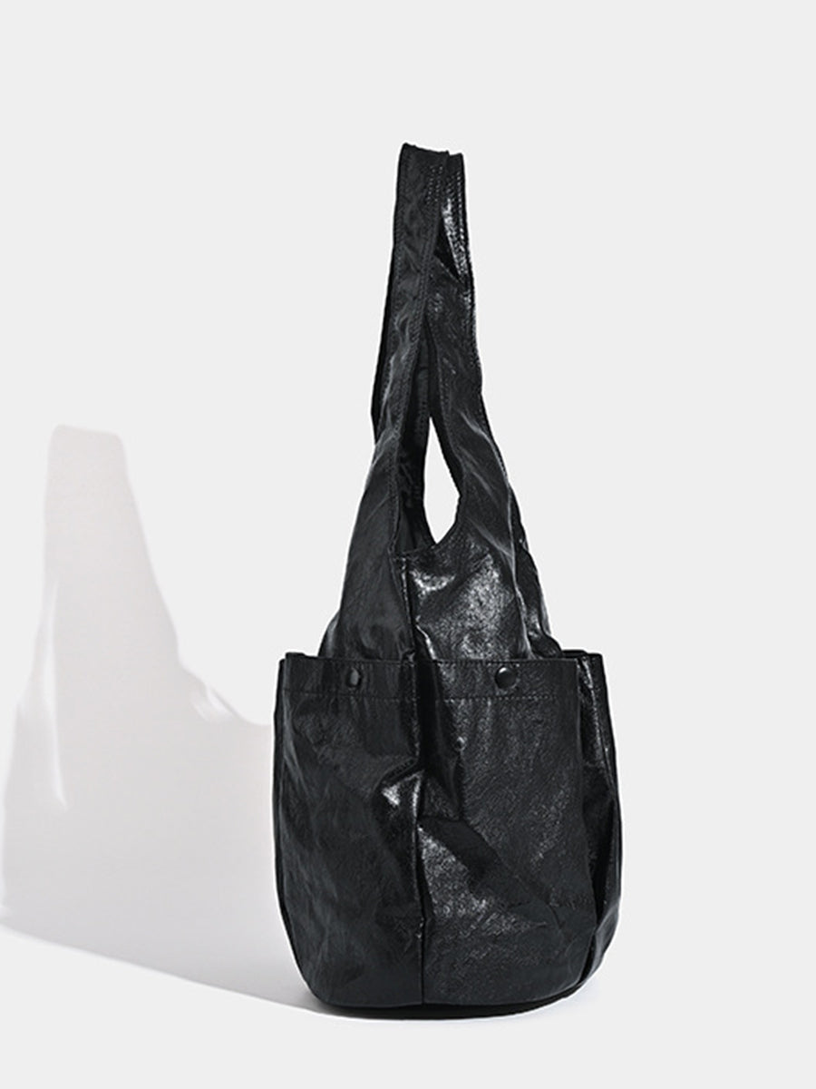 Fashion Black Crinkled PU Leather Multiple Pockets Magnetic Snap Tote Bag