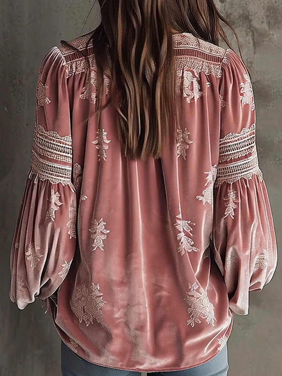 Casual Velvet Lace Trim Floral V Neck Lantern Sleeve Blosue