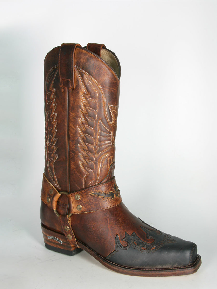 Western Brown PU Leather Embroidered Buckle Strap Square Toe Side Zipper Boots