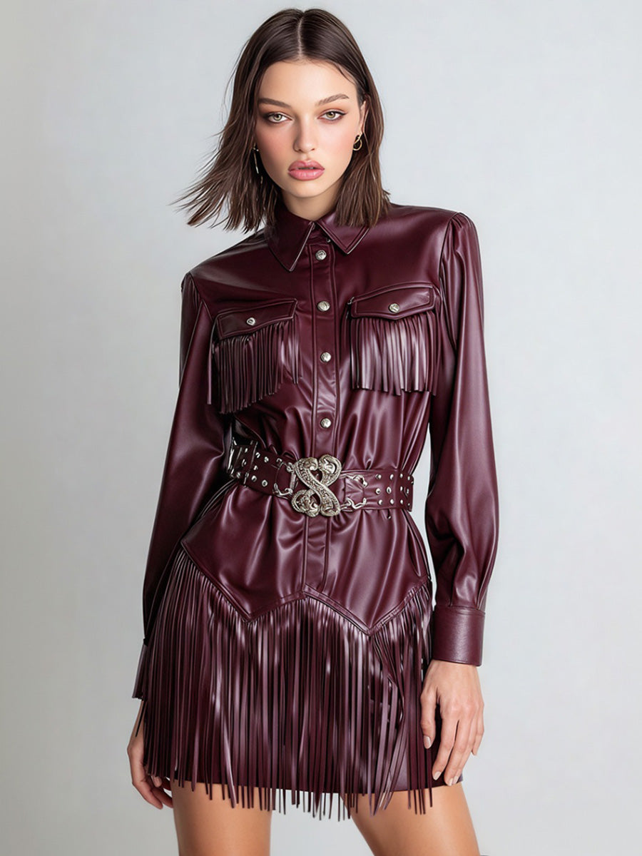 Ursiime Daily Burgundy Shirt Collar Long Sleeve Strappy Casual Button PU Leather Mini Dresses