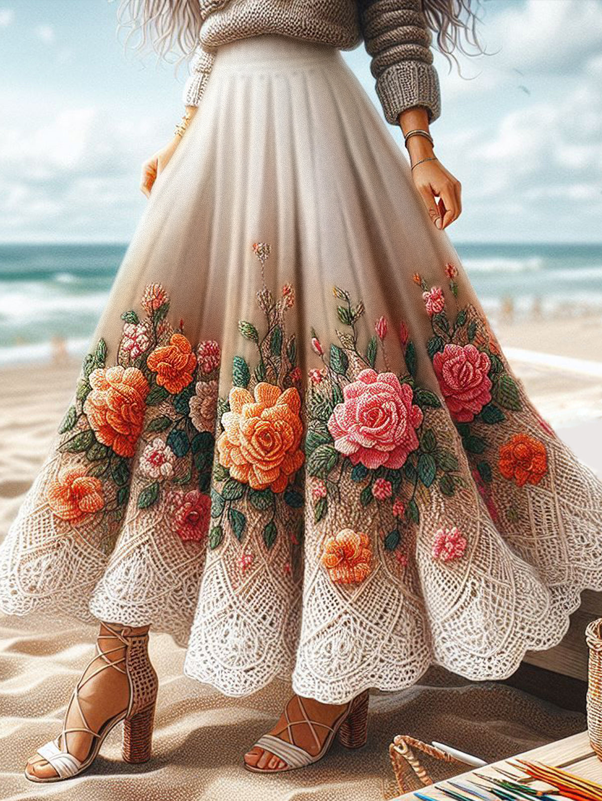Ursiime Lace Floral Print Pleated Maxi Skirt
