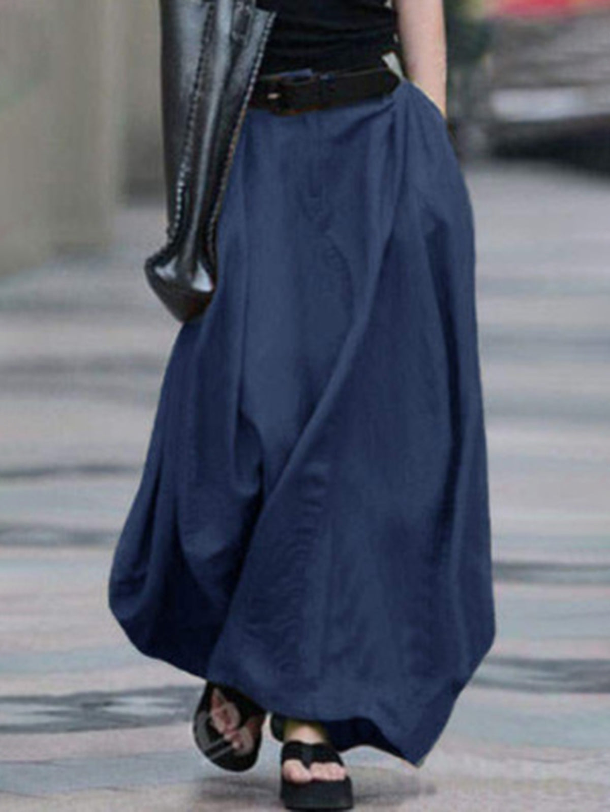 Casual Loose Pocket Solid Color Maxi Skirt