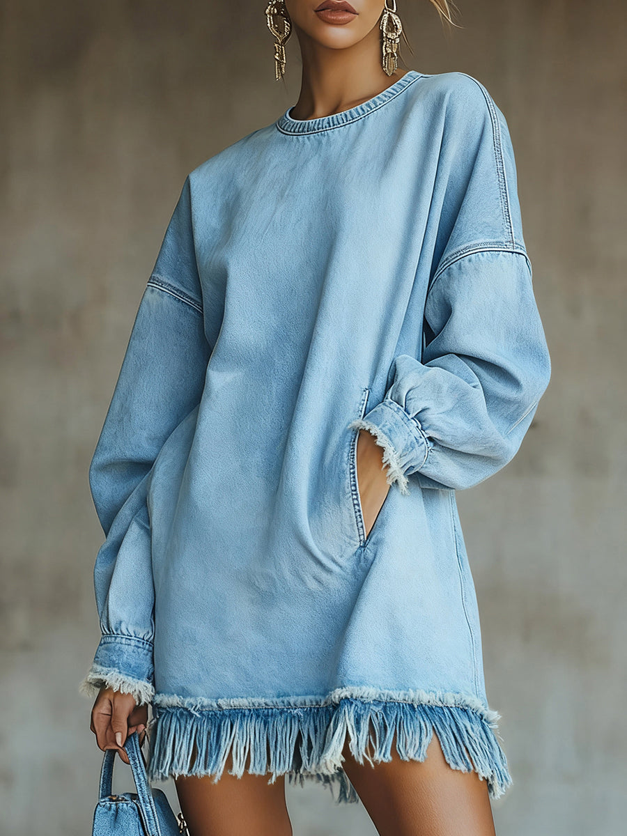 Ursiime Daily Blue Round Neck Long Sleeve Strappy Casual Trimmings Denim Mini Dresses