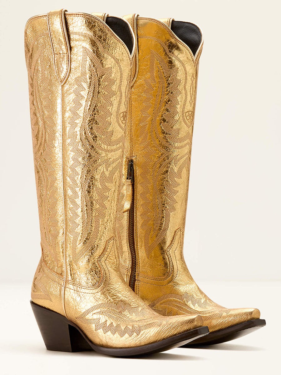 Western Yellow Brown PU Leather Leaf Stitched Patterns Pointed Toe Chunky Heel Boots