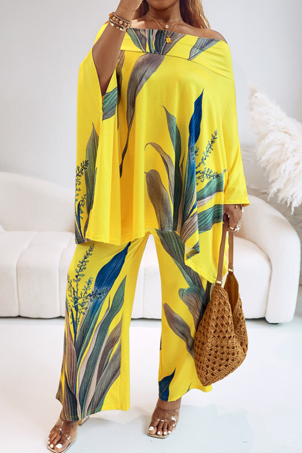 Ursiime Design Vacation Yellow Tropical Print Off The Shoulder Pocket Casual Two Piece Pant Sets [Pre-Order]