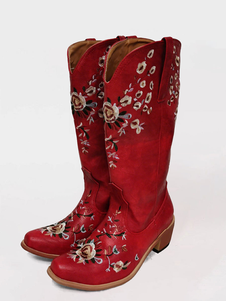 Western Brown PU Leather Floral Embroidery Square Toe Boots