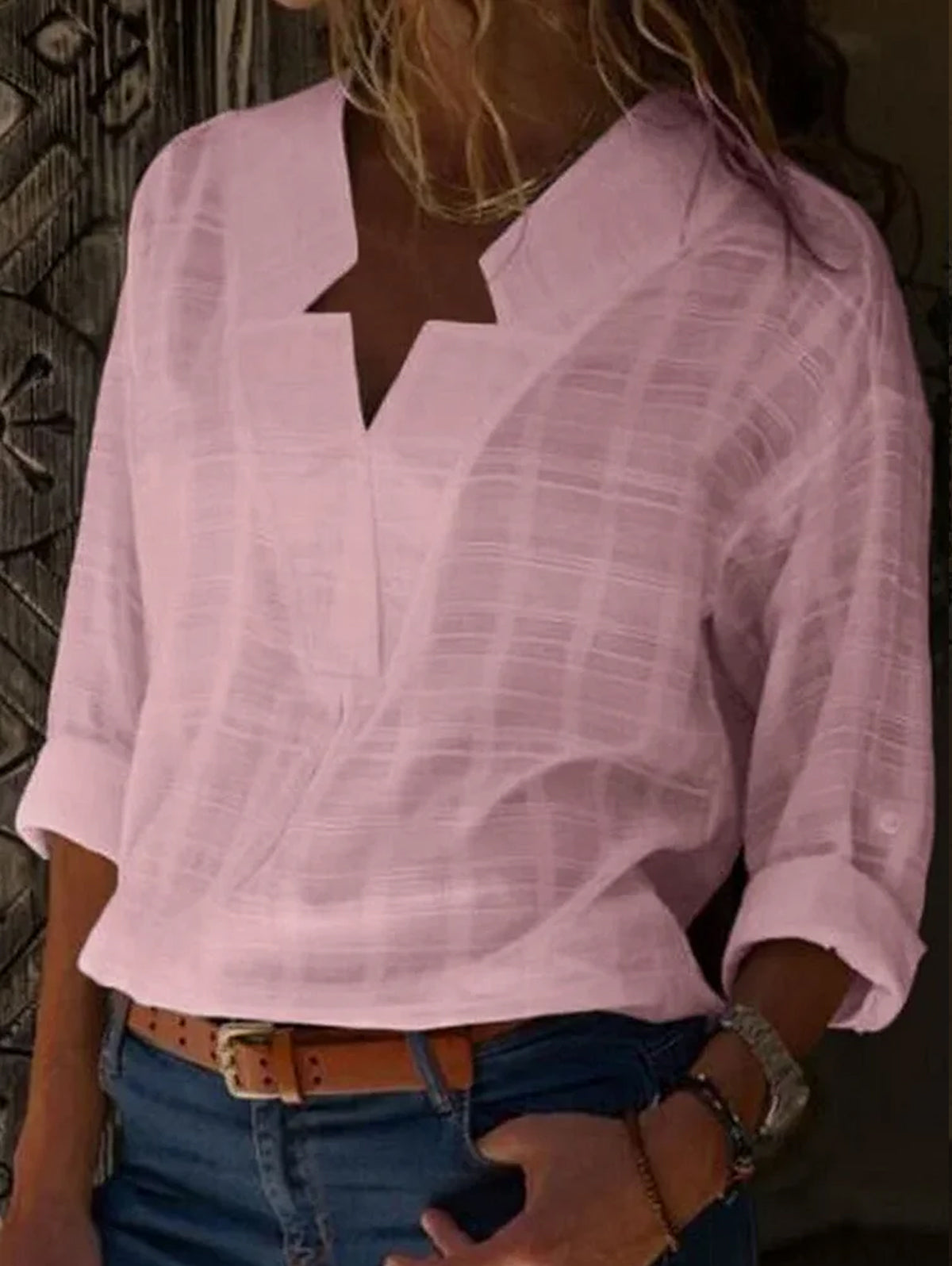 V Neck Long Sleeve Solid Color Shirts