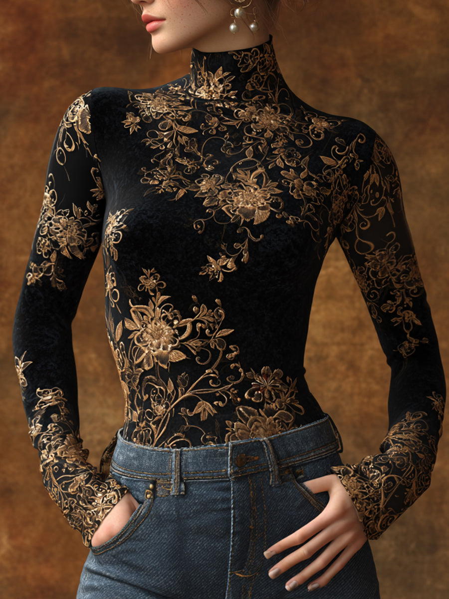 Ursime Black Floral Print High Neck Long Sleeve Top