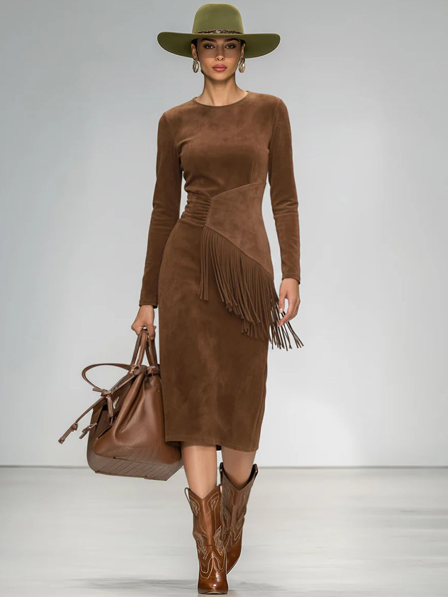 Ursiime Business Casual Brown Round Neck Long Sleeve Strappy Casual Midi Dresses