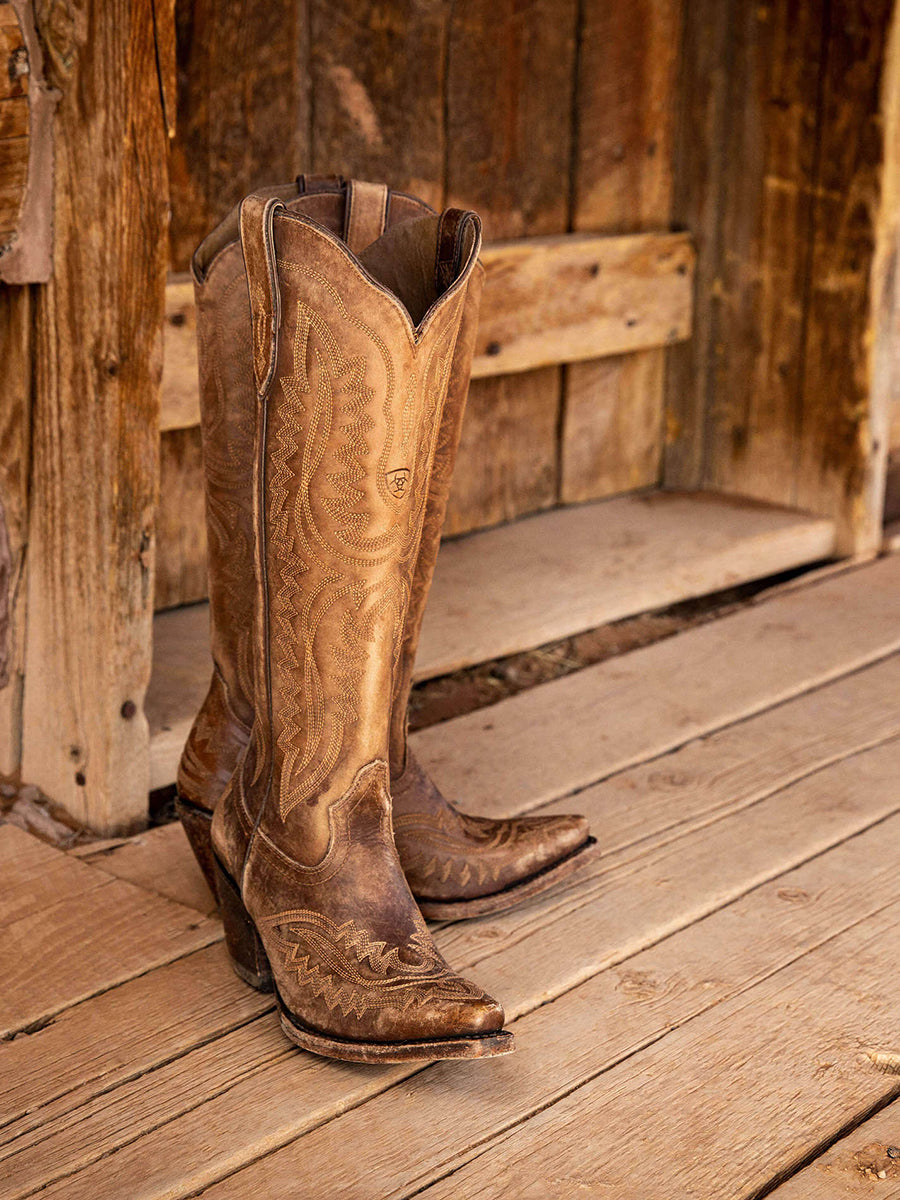 Western Yellow Brown PU Leather Leaf Stitched Patterns Pointed Toe Chunky Heel Boots
