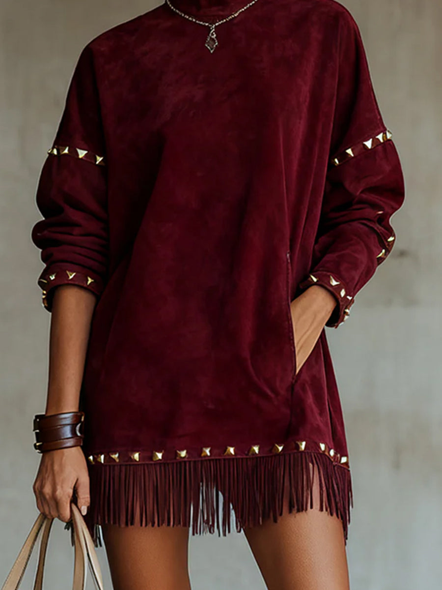 Ursiime Festival Burgundy High Collar Long Sleeve Studded Western Pocket Chamois Mini Dresses