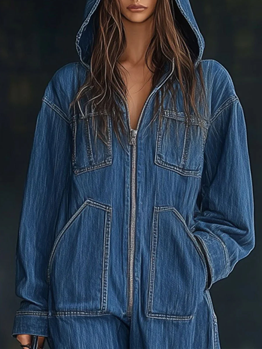 Ursiime Daily Blue Hooded Long Sleeve Pocket Vintage Zipper Denim Jumpsuits