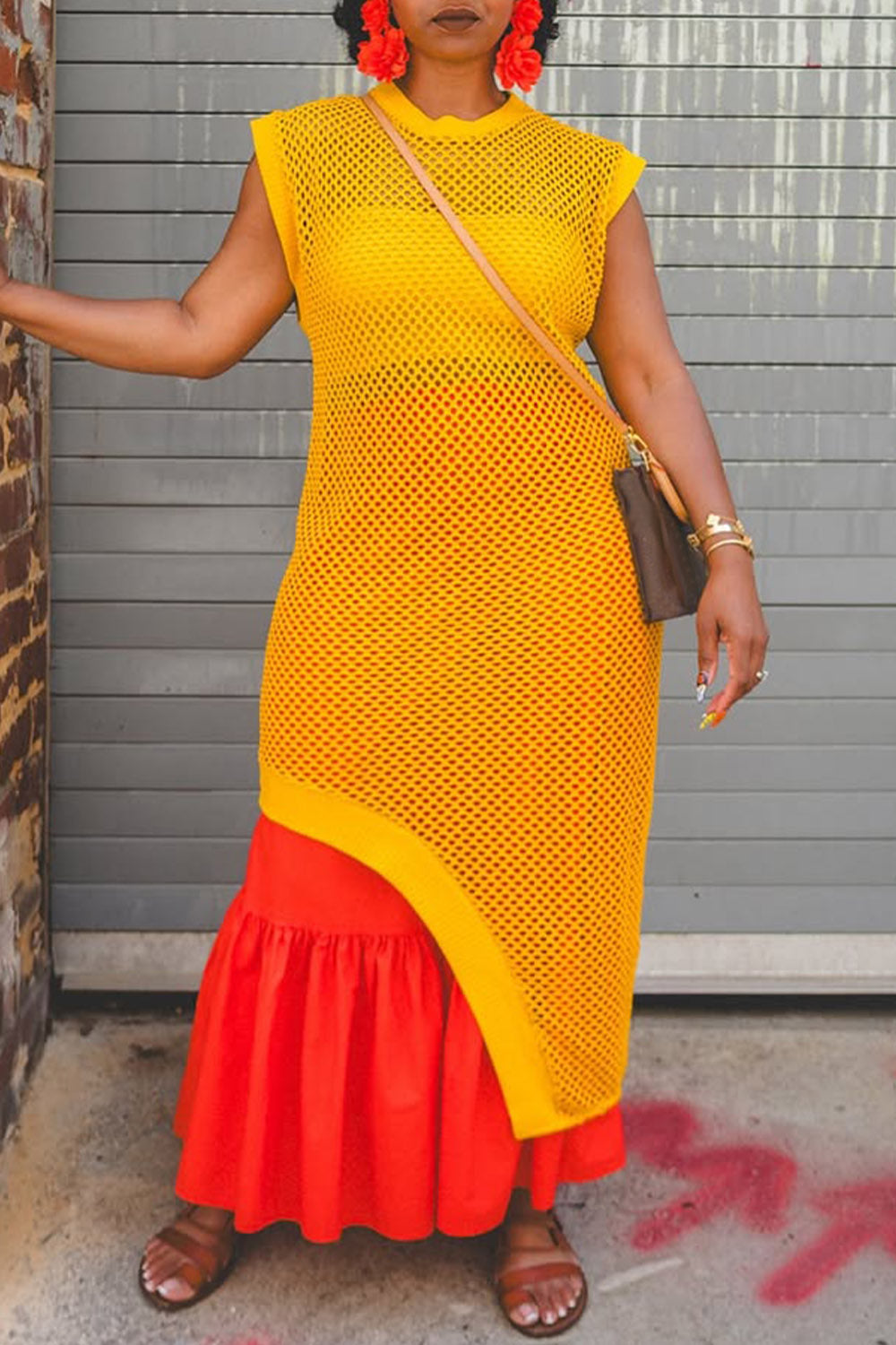 Ursiime Design Daily Yellow Round Neck Asymmetric Hem Casual Cut Out Tops [Pre-Order]