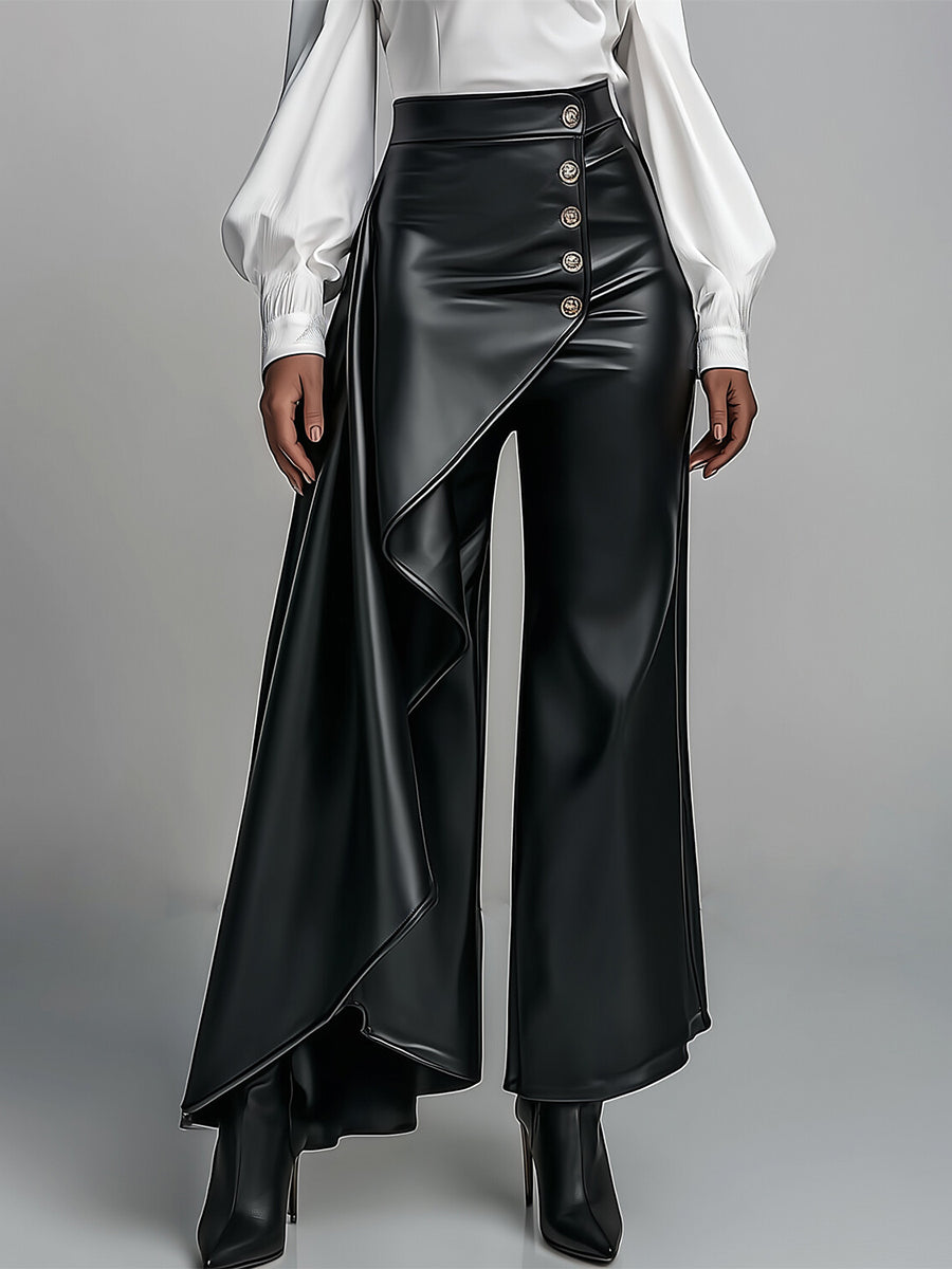 Ursime Daily Black Irregular Hem Casual Ruffle PU Leather Pants [Pre-Order]
