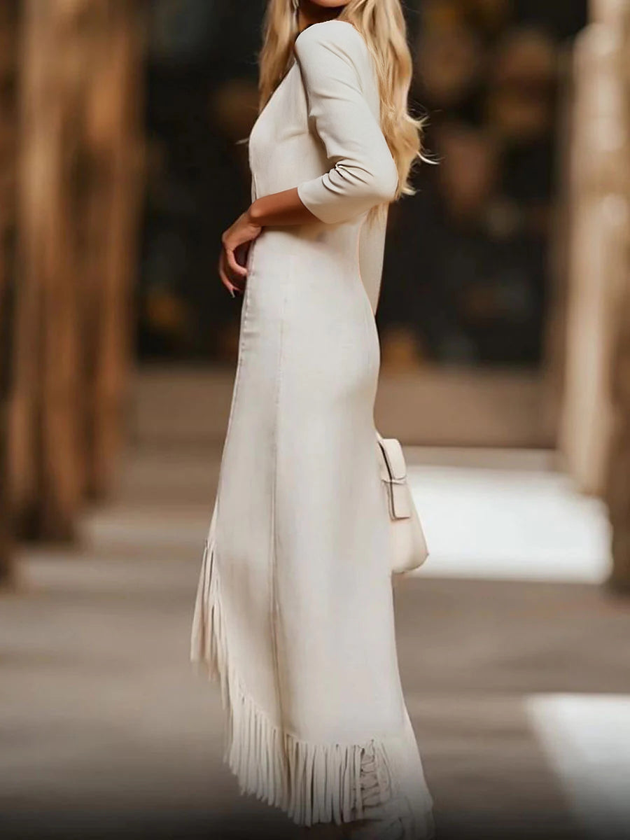 Ursiime White Deep V Neck Printed Long Sleeve Asymmetrical Fringe Hem Maxi Dress