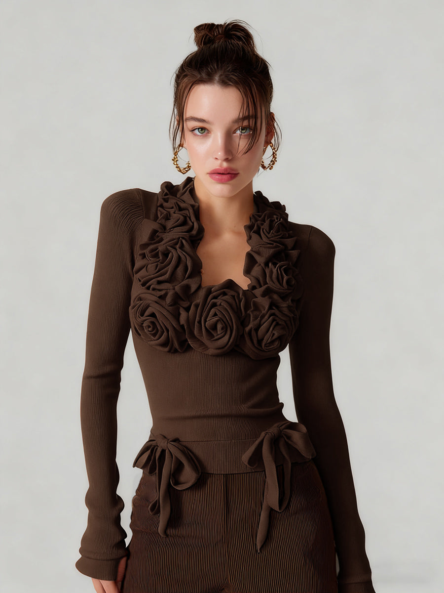 Ursiime Daily White Square Neck Long Sleeve 3D Casual Blouses