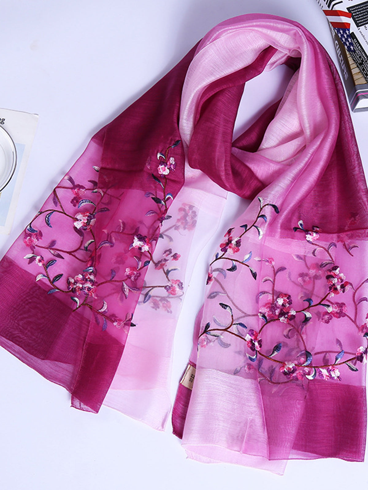 Daily Silk Gradient Floral Embroidery Rectangular Scarf