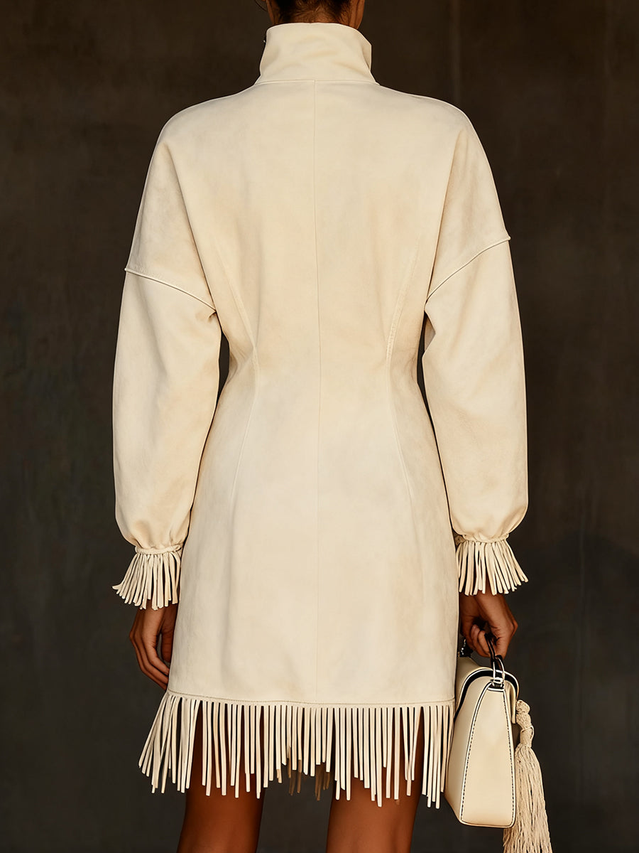 Casual White Stand Collar Long Sleeve Half-Zip Fringe Suede Mini Dress