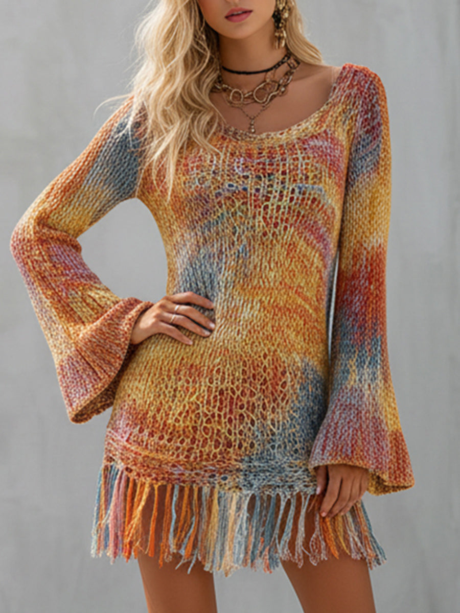 Ursiime Daily Multicolor Round Neck Flare Sleeve Long Sleeve Strappy Casual Crochet Mini Dresses