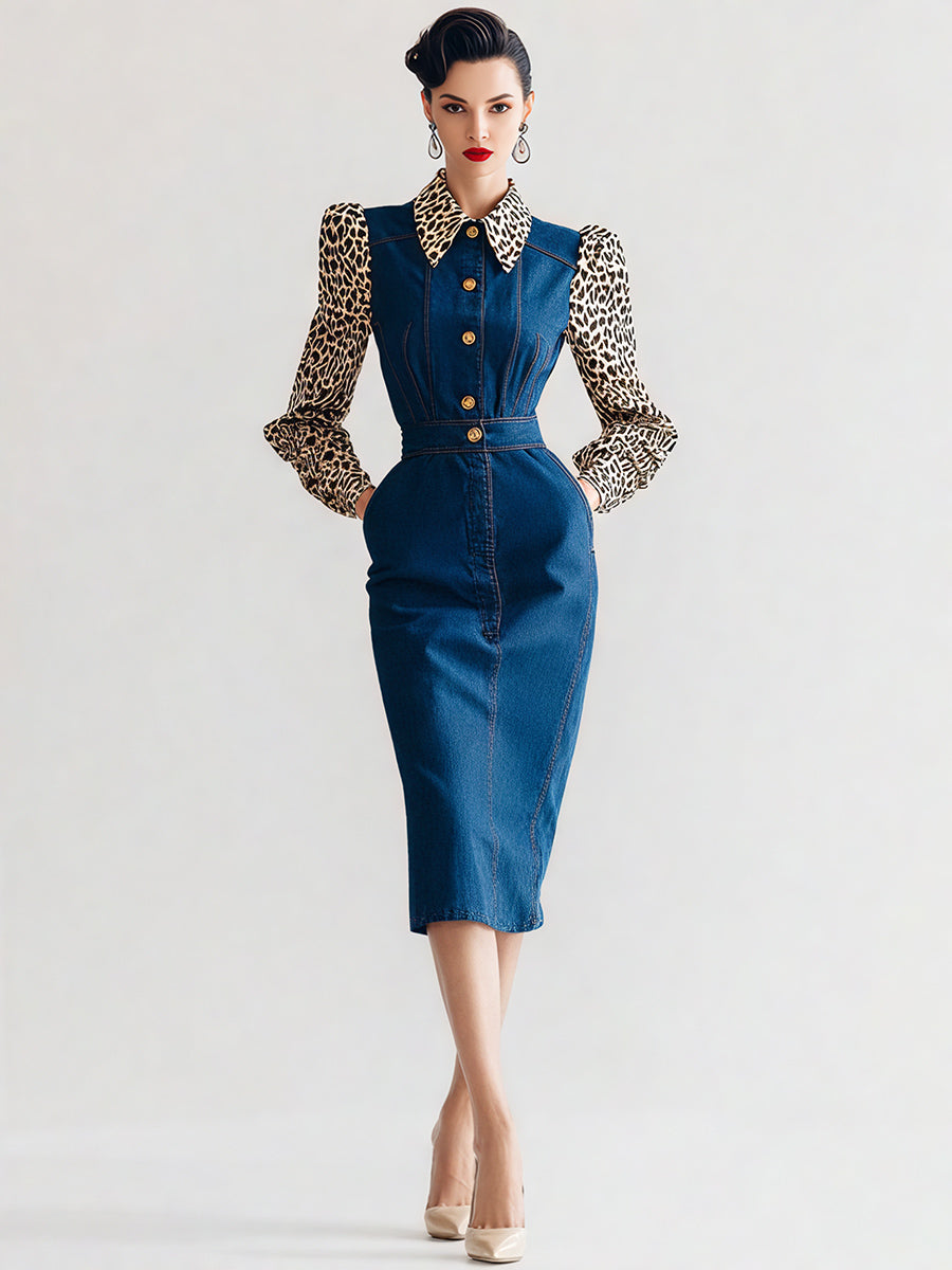 Ursiime Business Casual Blue Leopard Shirt Collar Long Sleeve Contrast Casual Pocket Denim Two Piece Skirt Sets