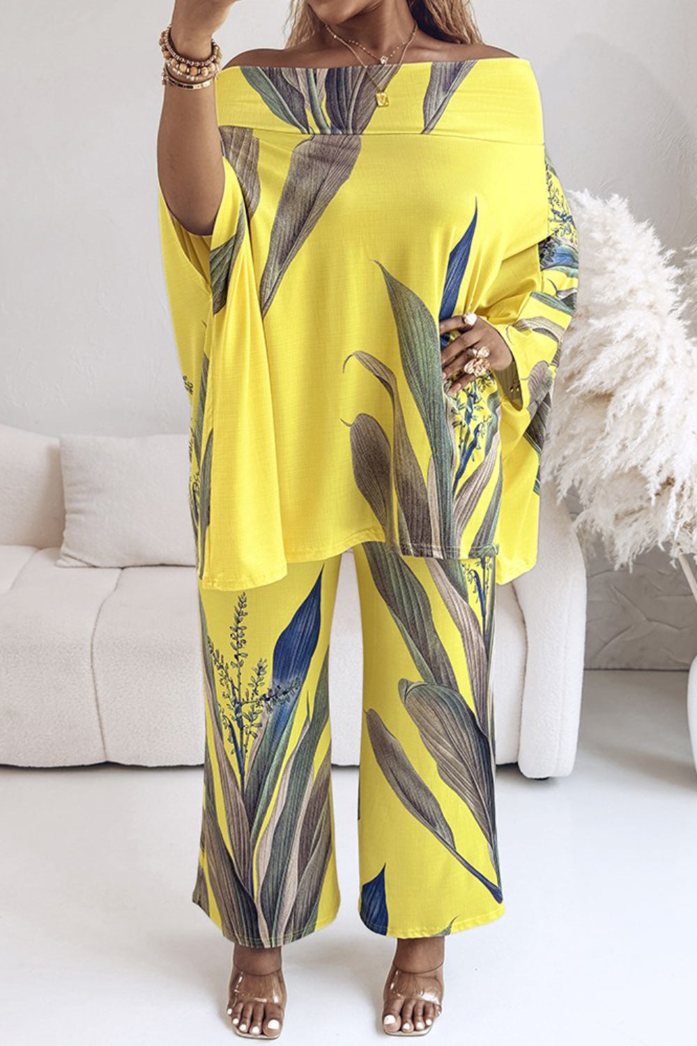 Ursiime Design Vacation Yellow Tropical Print Off The Shoulder Pocket Casual Two Piece Pant Sets [Pre-Order]