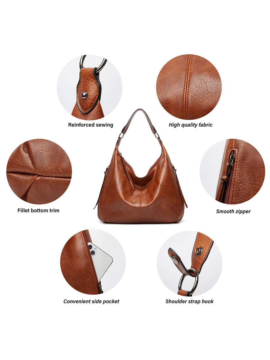 Casual Brown PU Leather Adjustable Strap Side Zip Pocket Hobo Bag