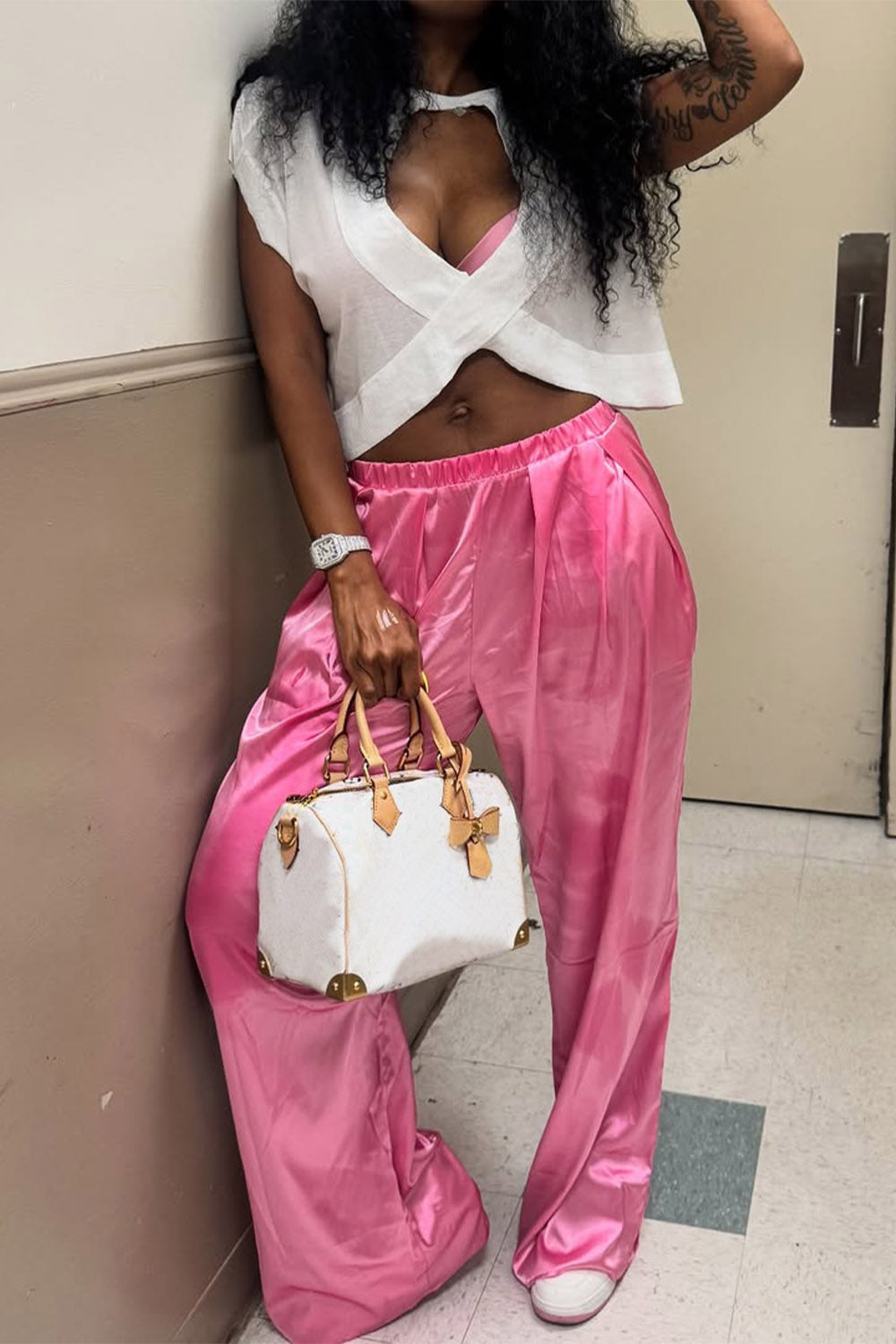 Ursiime Design Daily Pink Wide Leg Casual Satin Pants [Pre-Order]