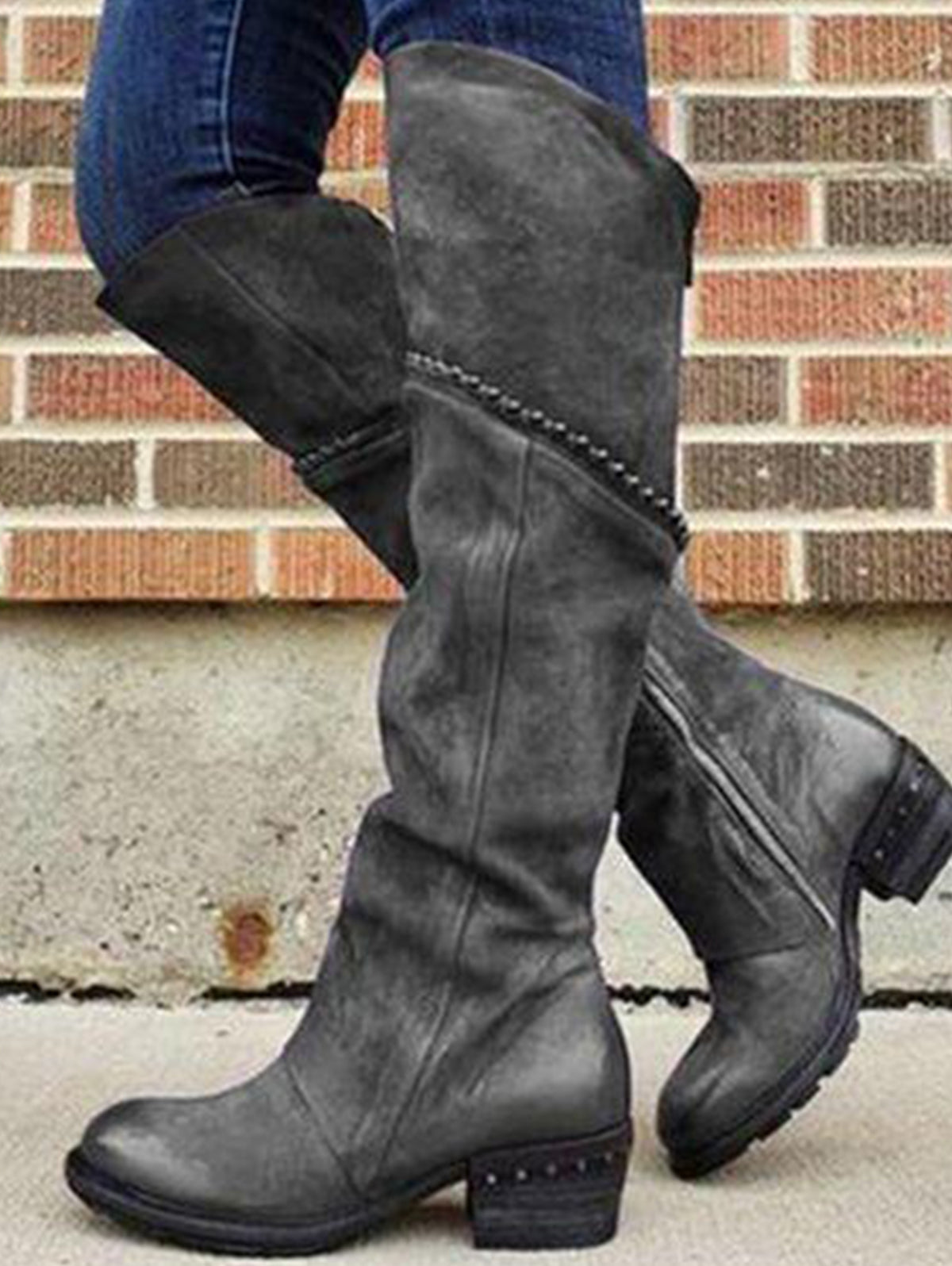 Vintage Solid V Groove Zipper Round Toe Knee High Boot