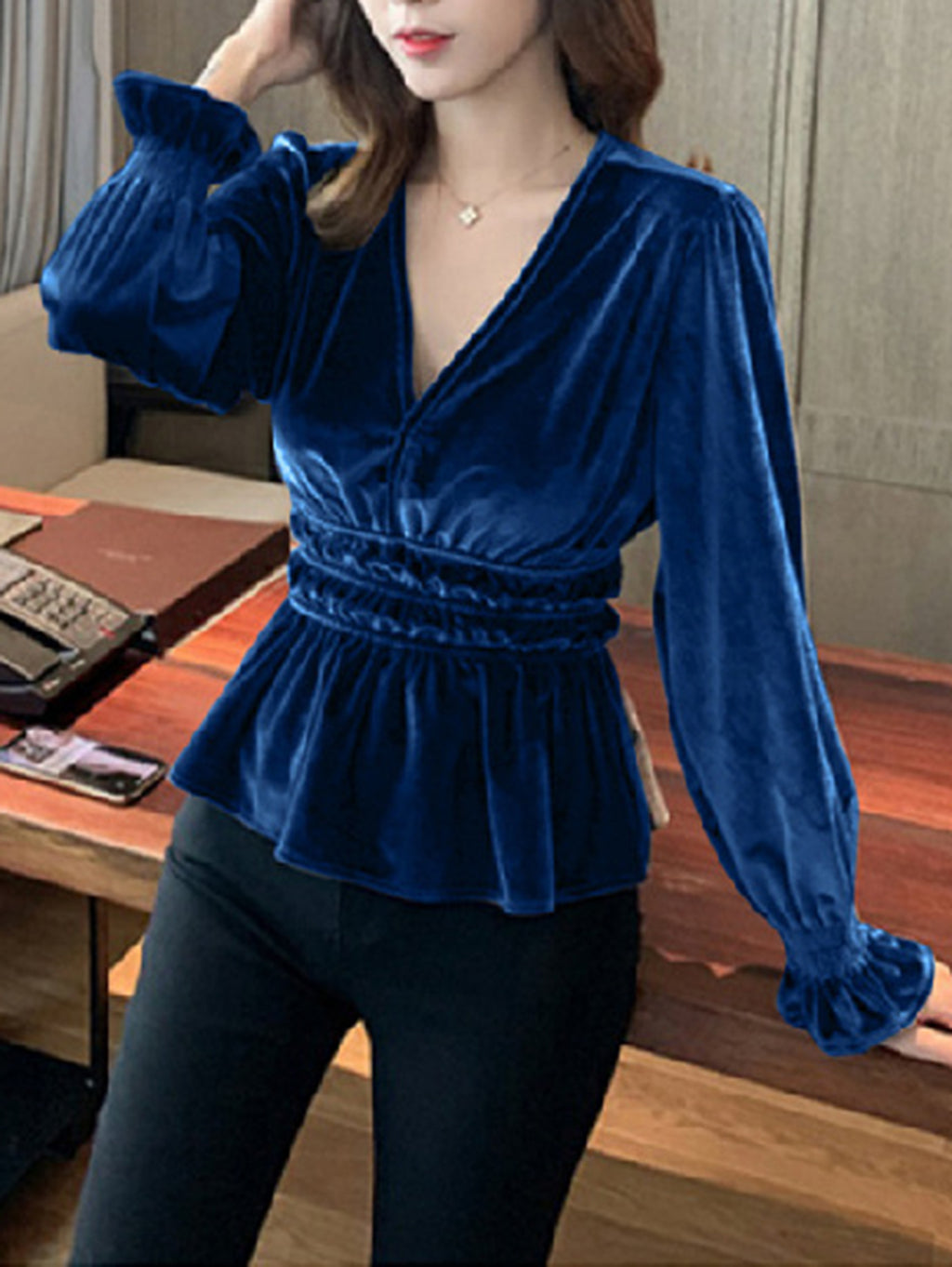 Elegant V Neck Long Sleeve Ruffle Peplum Velvet Blouse