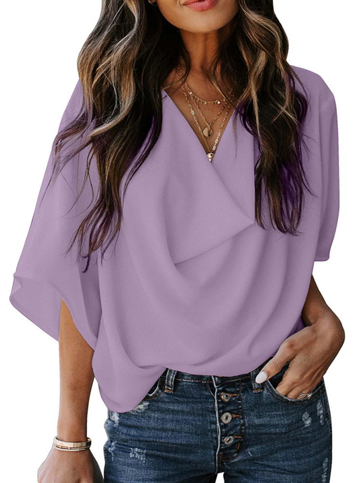 Solid Drape Neck Casual Chiffon Top