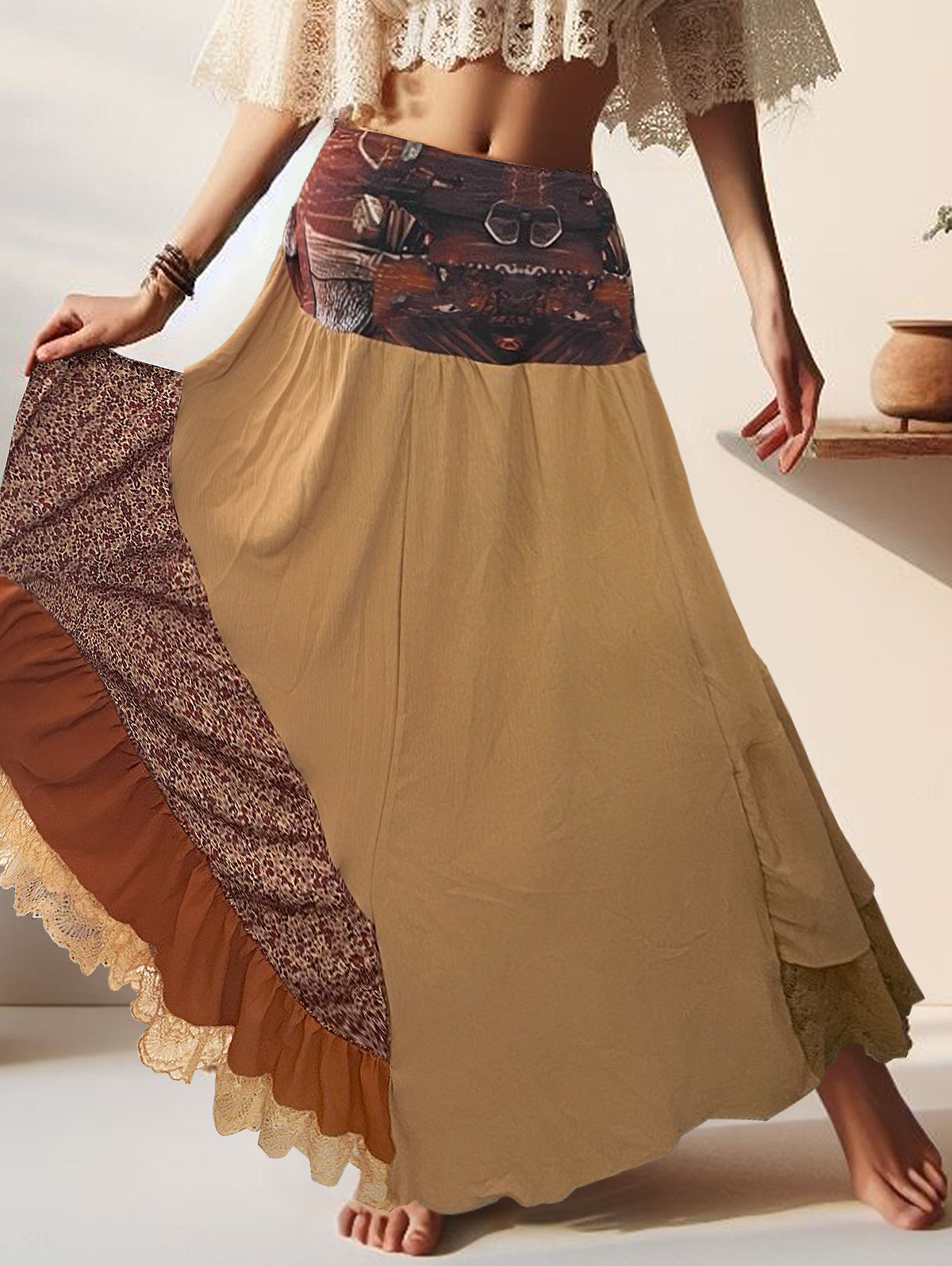 Ursiime Boho High Waist Patchwork Maxi Skirt